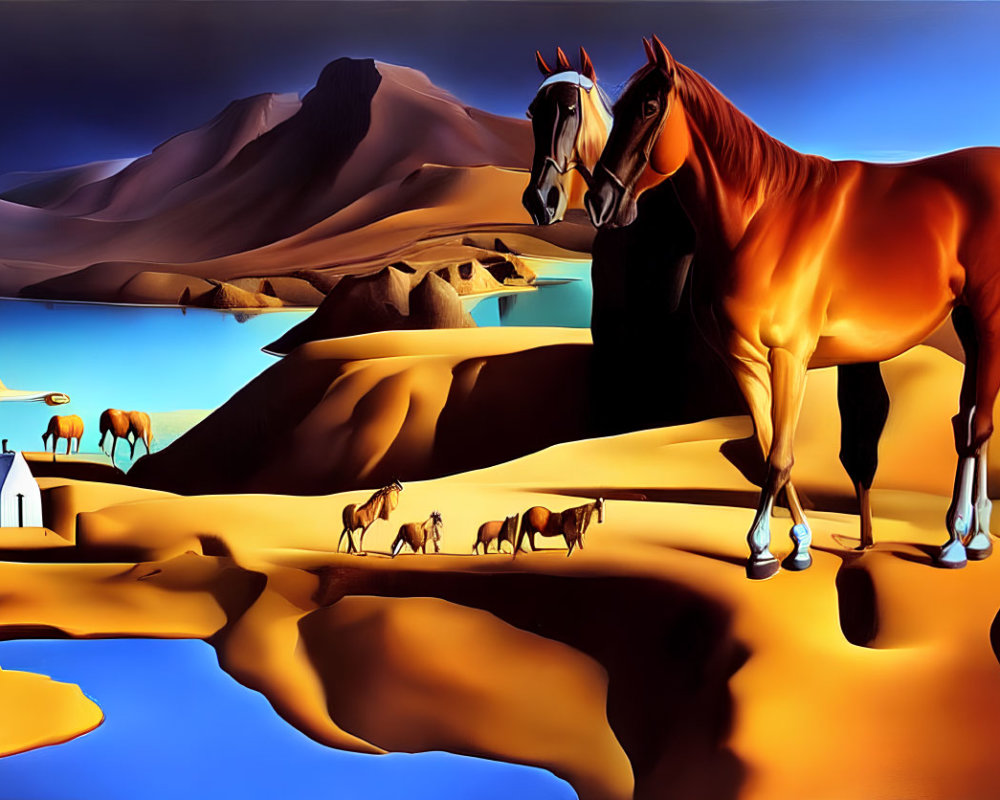 Surreal desert landscape with bay horse and white house