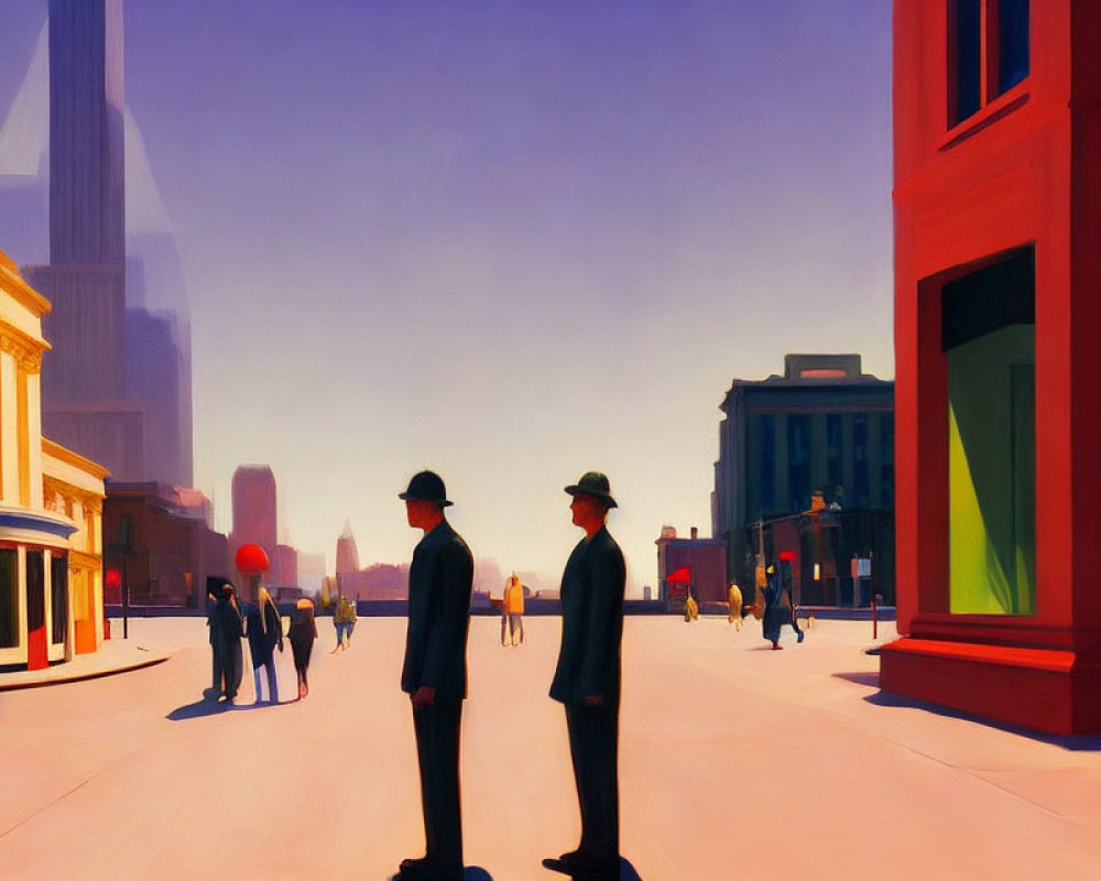 Silhouetted figures on sunlit urban street with colorful buildings.