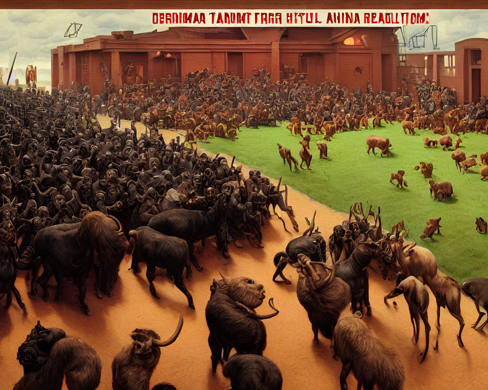 Artwork of diverse mammal species gathered in enclosure with red buildings.