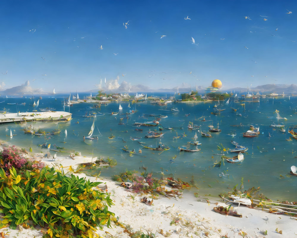 Bustling seaside panorama with sailboats, golden dome, flora, and seagulls