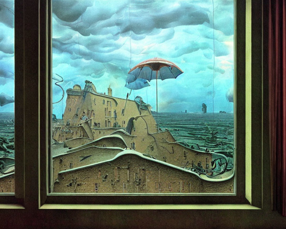 Surreal painting of rainy landscape with floating umbrella