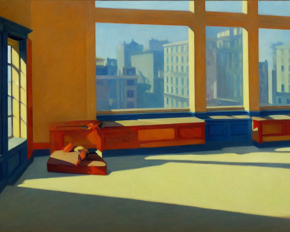 Person resting by sunlit window overlooking cityscape in warm indoor setting