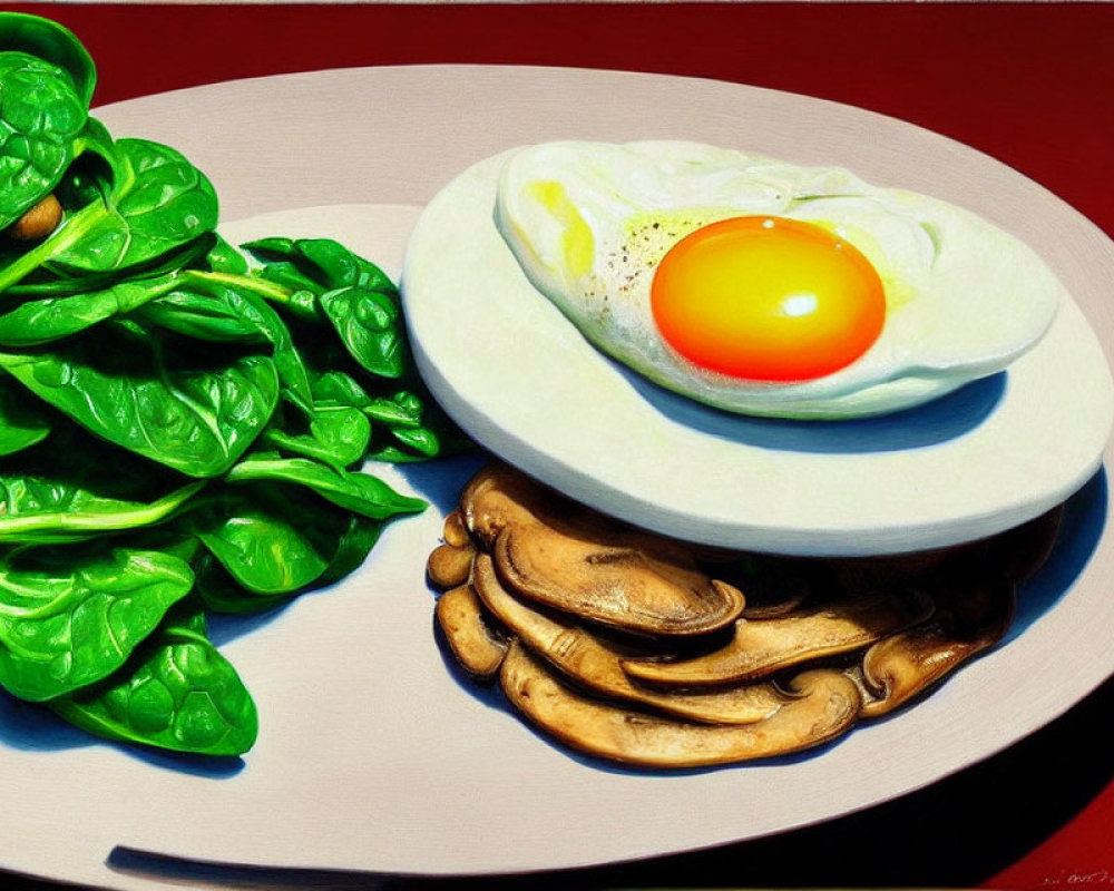 Realistic breakfast plate with spinach, mushrooms, and sunny-side-up egg on red background