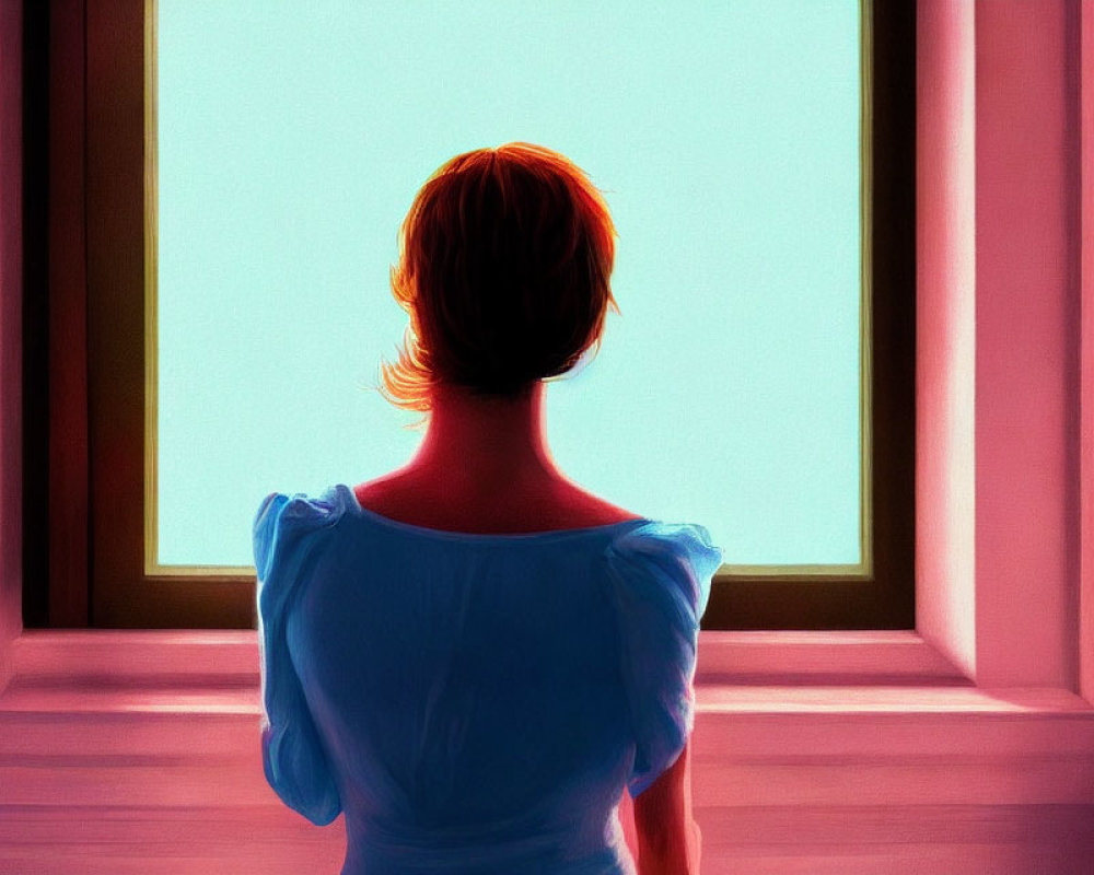 Short-haired woman in blue dress standing by bright window