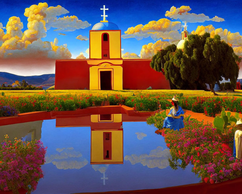 Colorful painting of red church, woman in blue, and standing figure in white