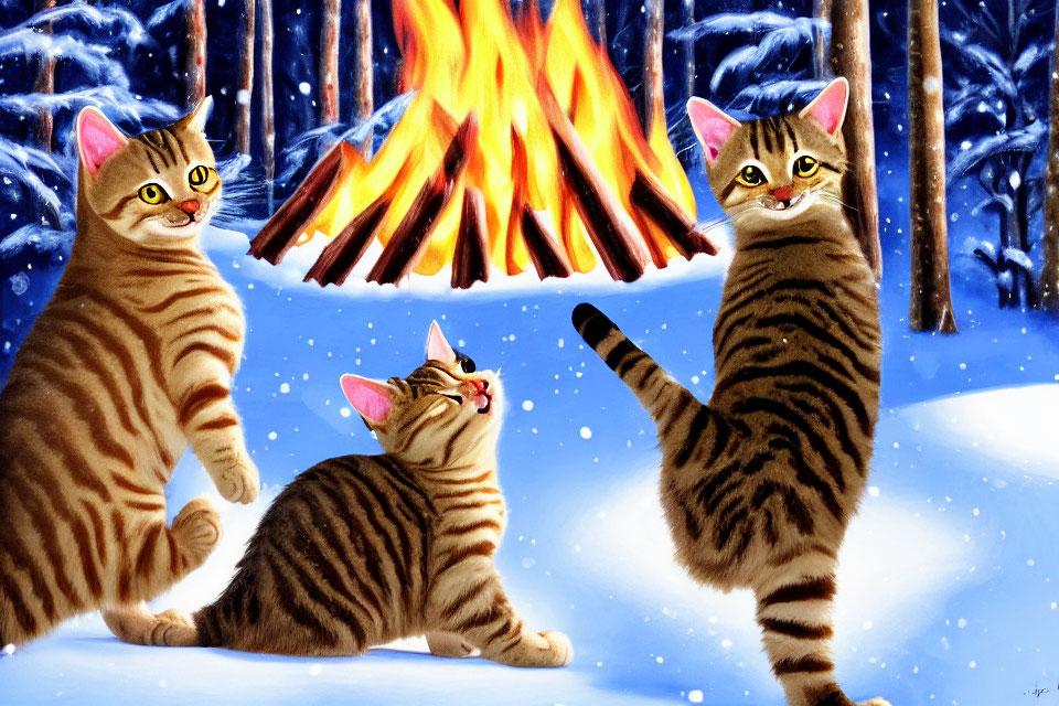 Three cartoon cats with human-like eyes around bonfire in snowy forest