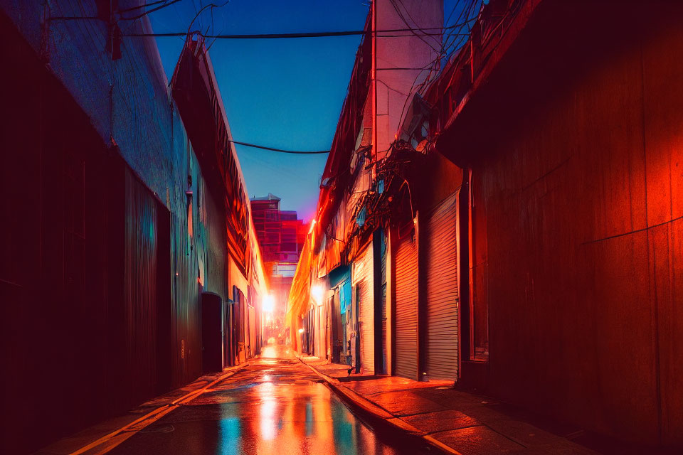 Urban alley with warm glow, wet pavement, and closed shop shutters.