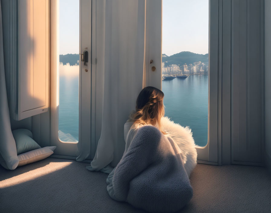 Person wrapped in blanket gazes at serene seascape at sunrise