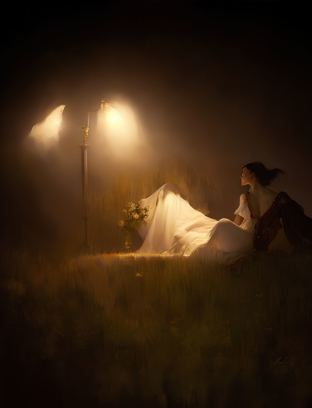 Person sitting beside cloth-covered object in twilight ambiance.