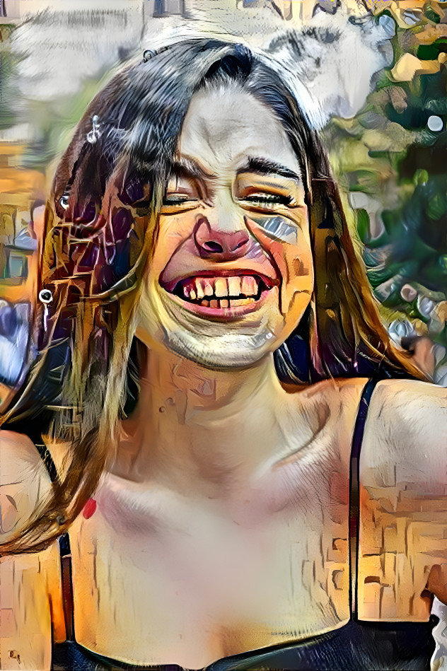 View of Woman really laughing hard.