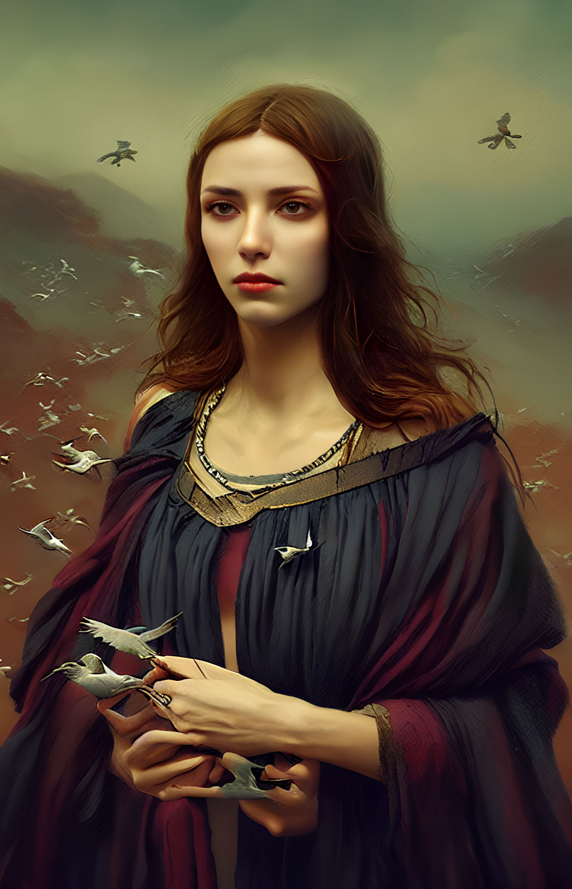 Serene woman holding bird in digital painting surrounded by flying birds