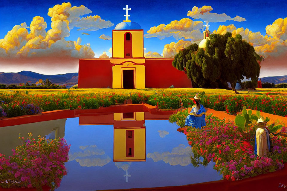 Colorful painting of red church, woman in blue, and standing figure in white