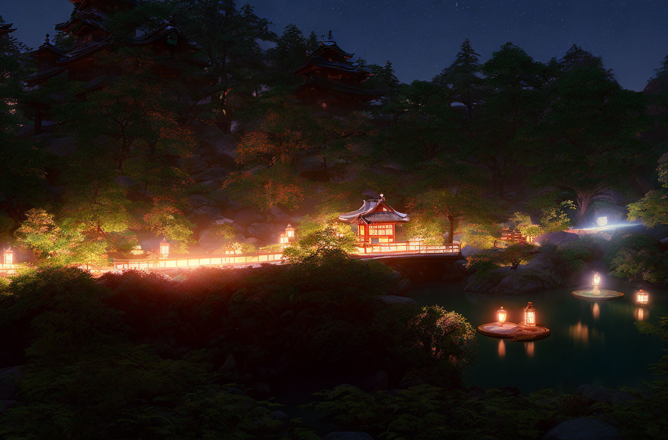 Traditional Japanese garden at night with lanterns, pond, footbridge, and pagodas.