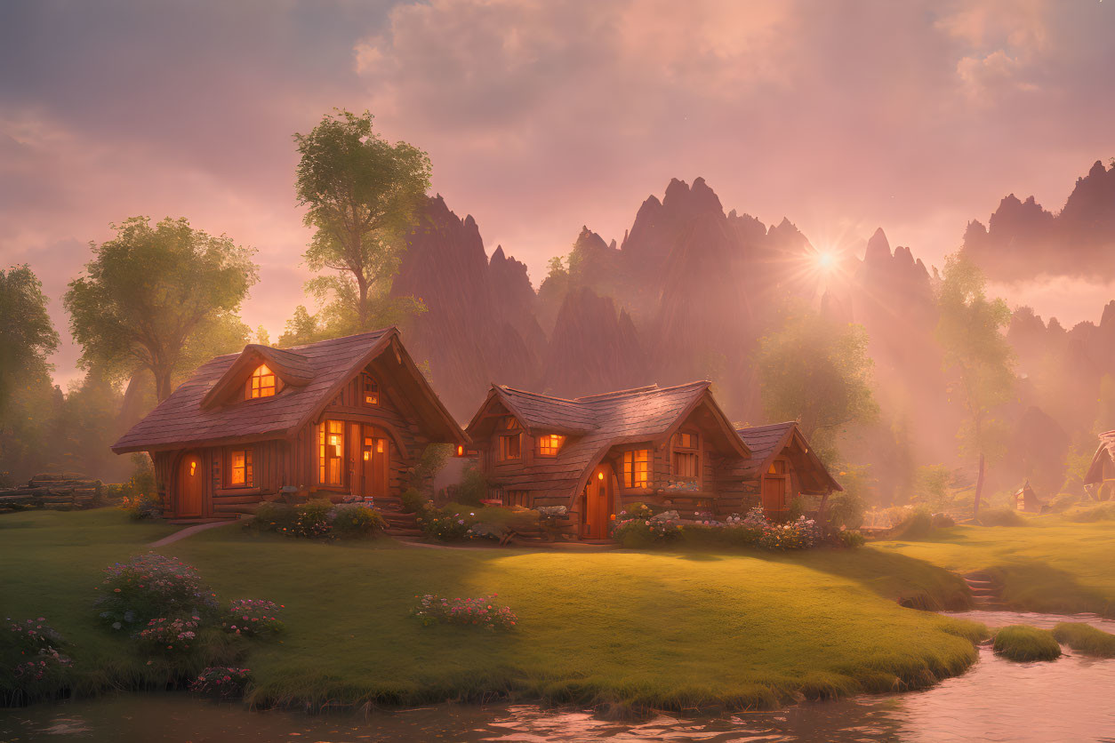 Charming cottages on lush hills near a serene stream at sunset