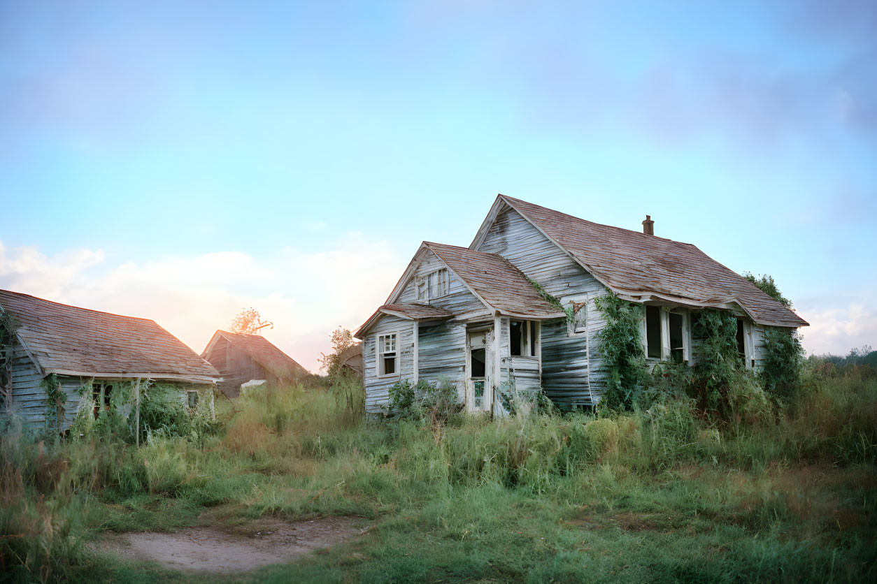 Abandoned wooden houses surrounded by tall grass under a clear dusk sky