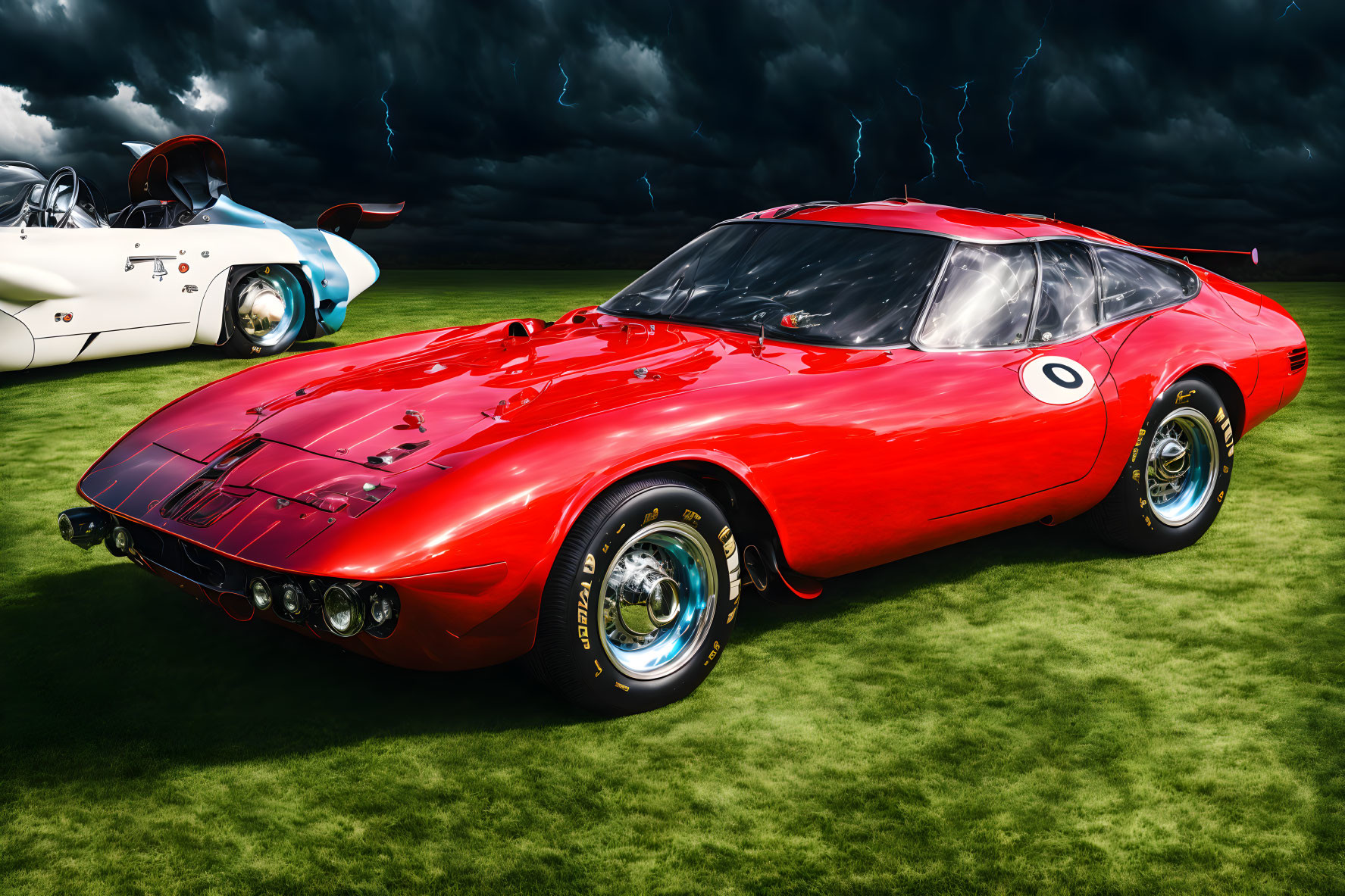 Classic Red and White Sports Cars on Grass with Stormy Sky and Lightning