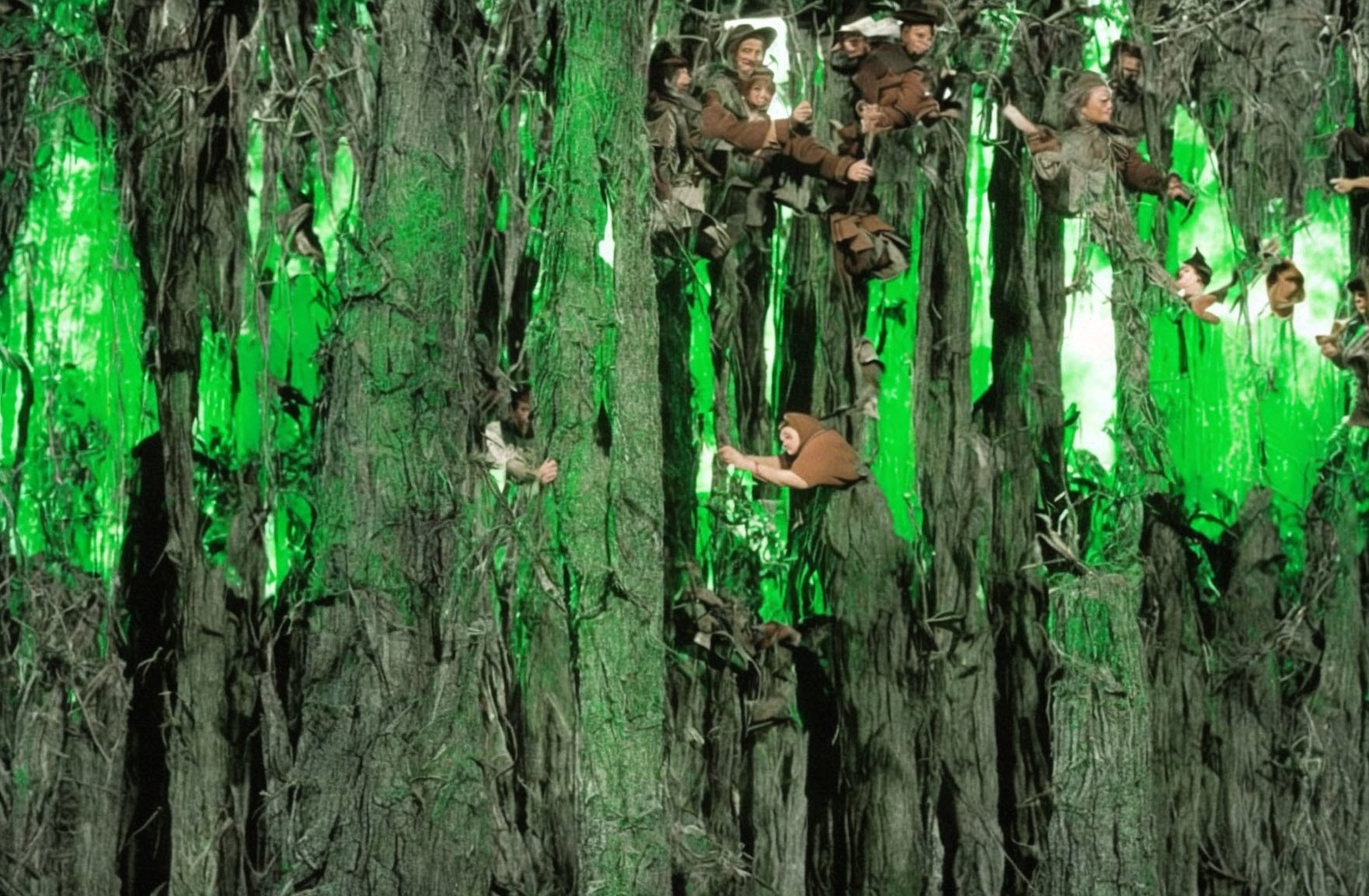 Green Camouflaged Soldiers in Dense Forest with Hanging Moss