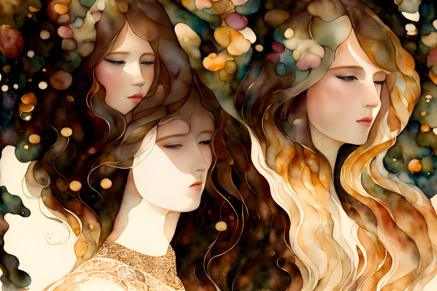 Three women with flowing hair in dreamy warm hues.