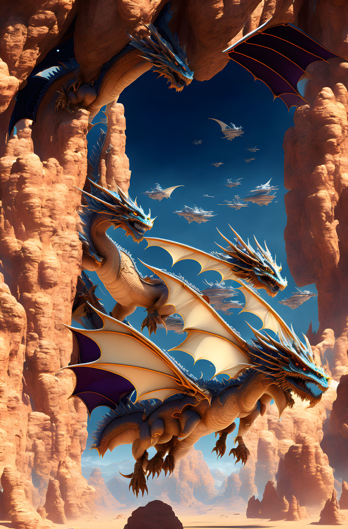 Intricately Detailed Dragon Duo Among Red Rocky Spires