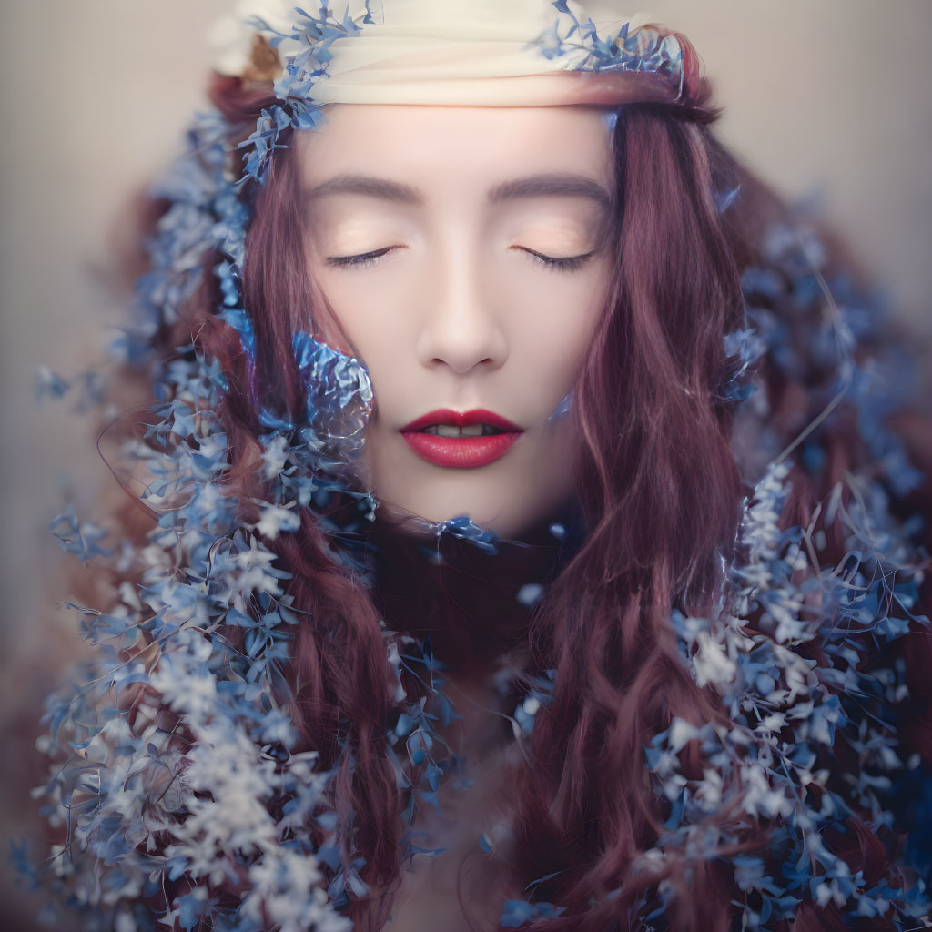 Serene woman with closed eyes and headband among blue flowers