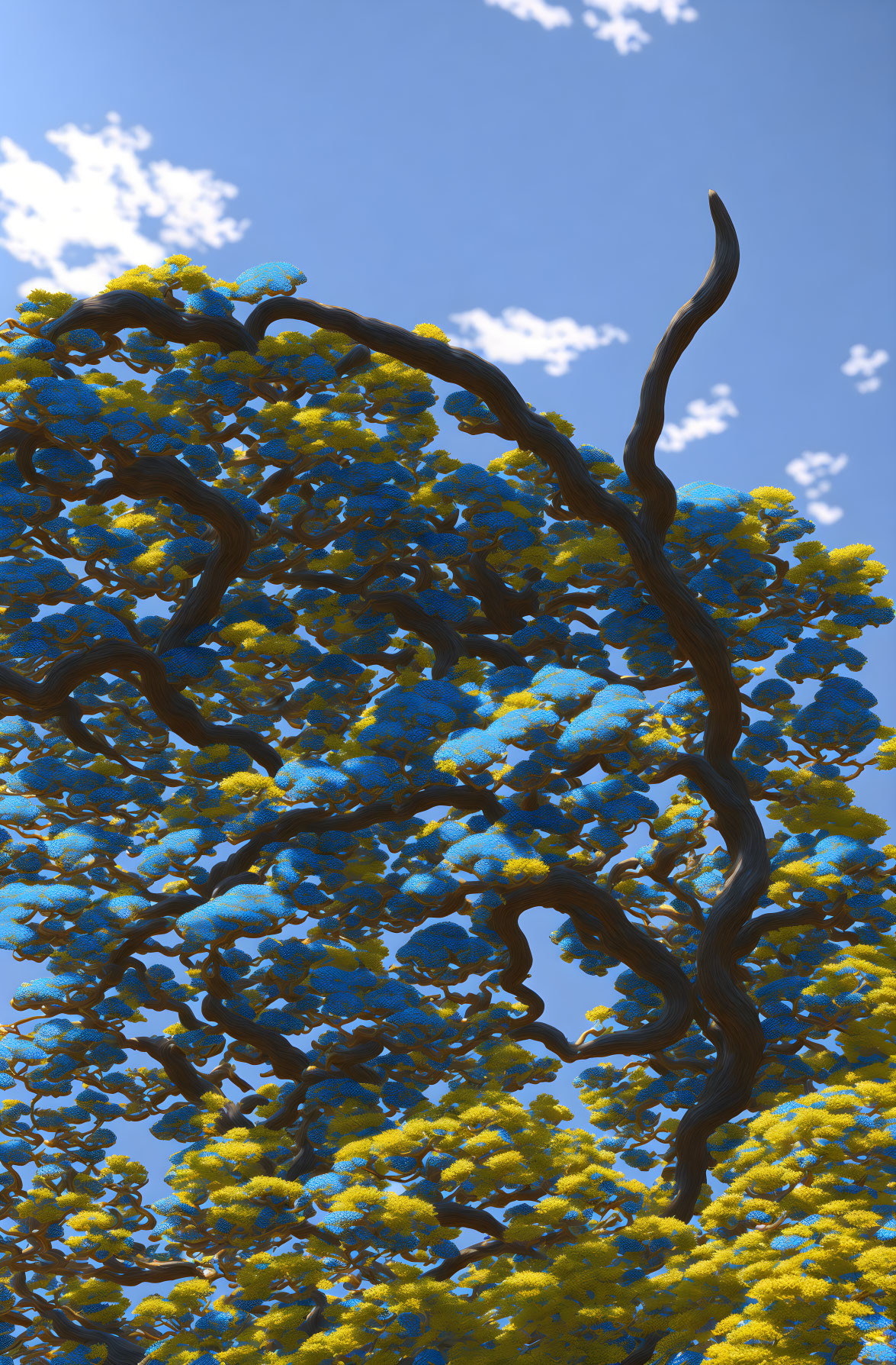 Twisted tree with yellow foliage under blue sky