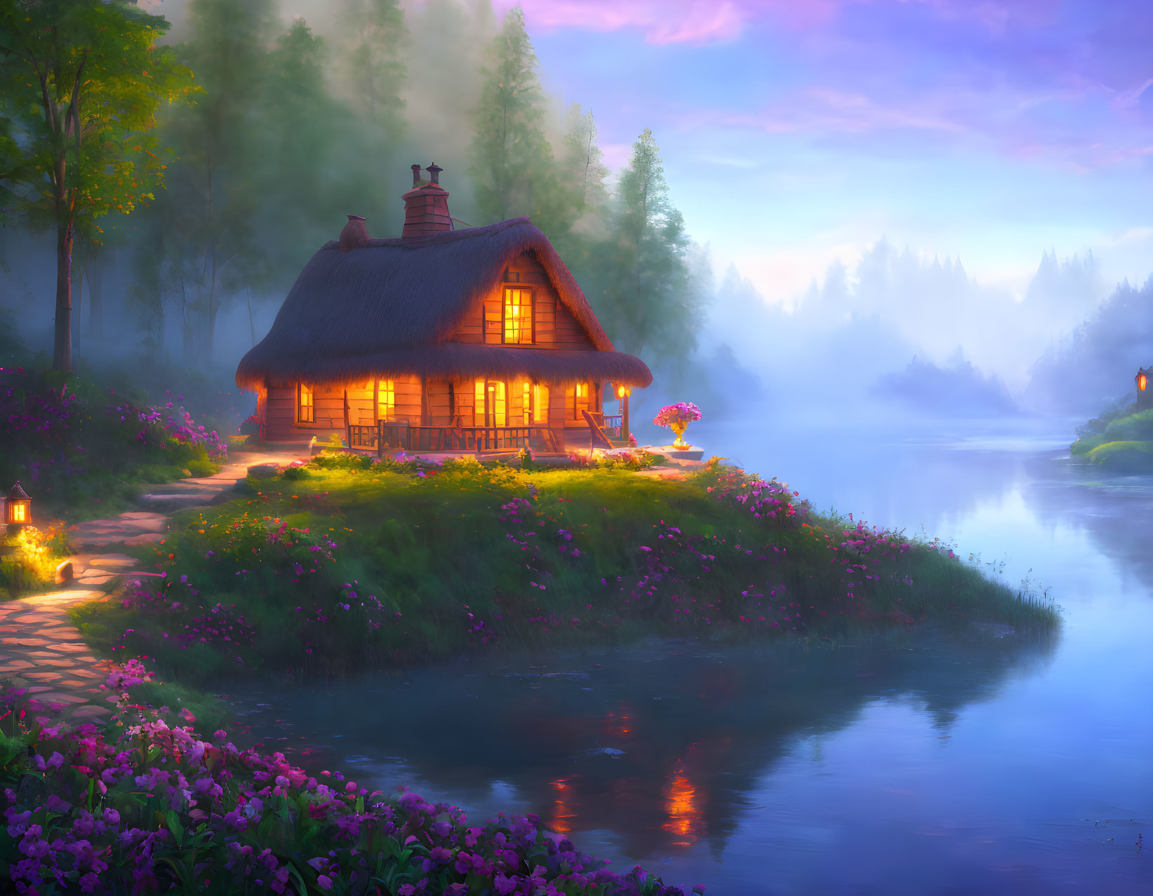 Thatched roof cottage by river at twilight