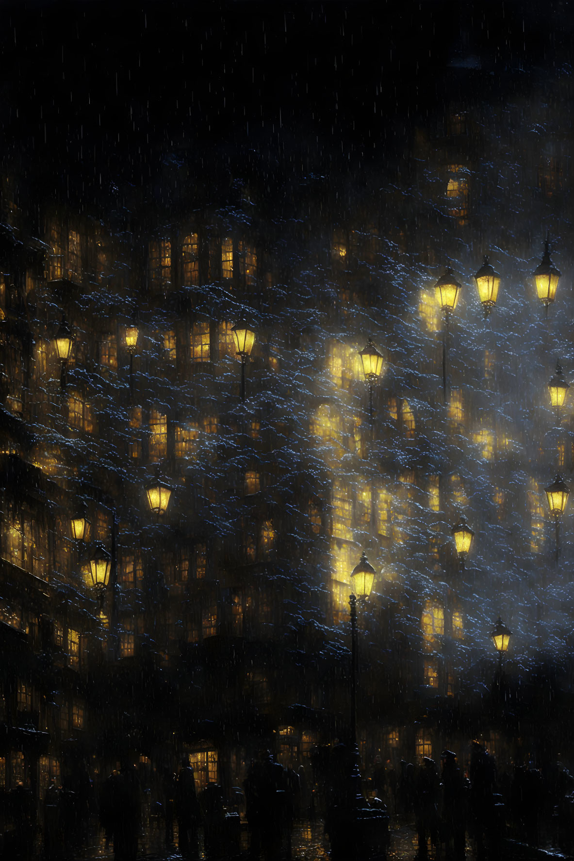 Urban street scene: Rainy night with illuminated windows & vintage street lamps