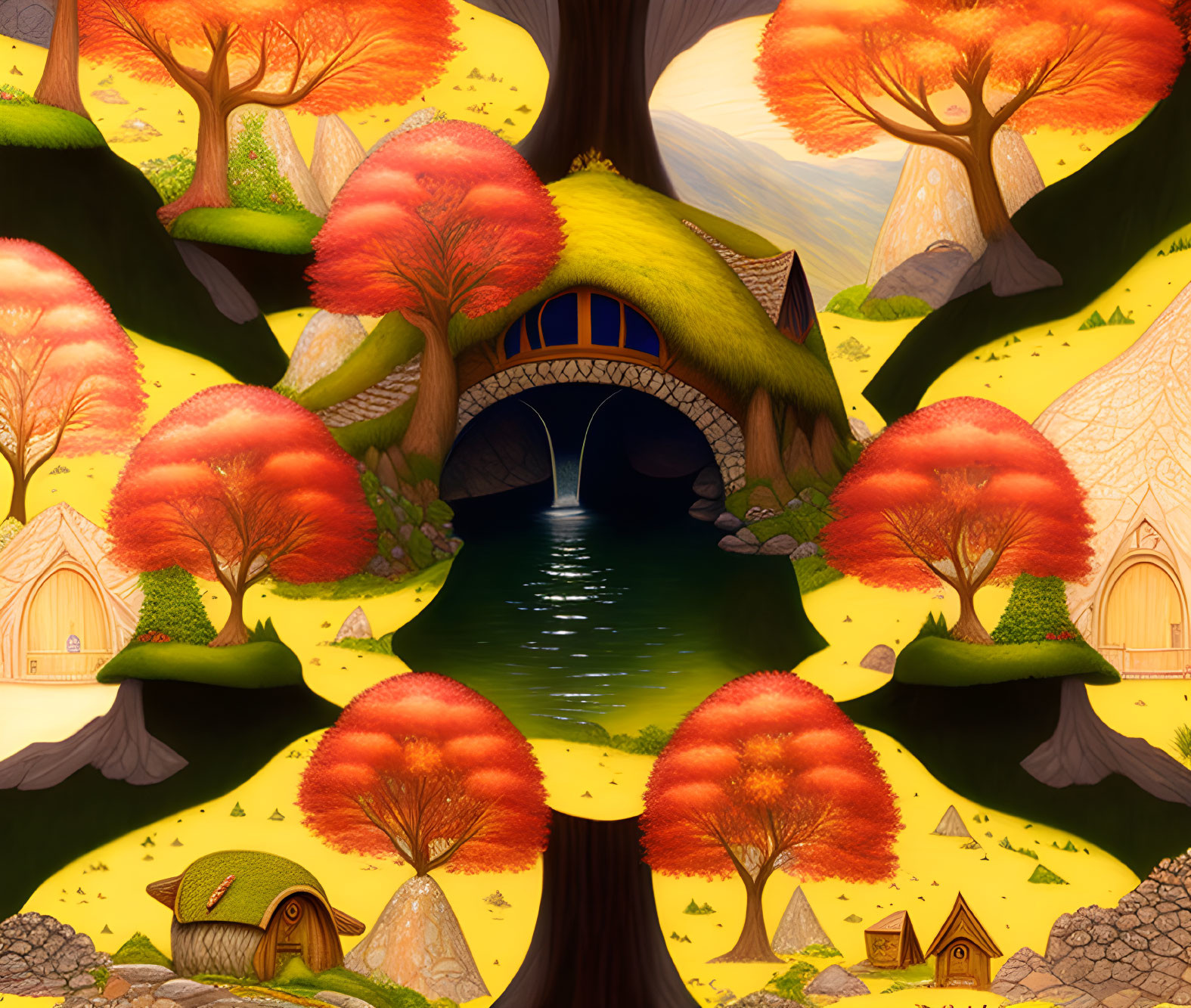 Symmetrical landscape with central tree, water body, bridge, and cozy houses amid autumn foliage