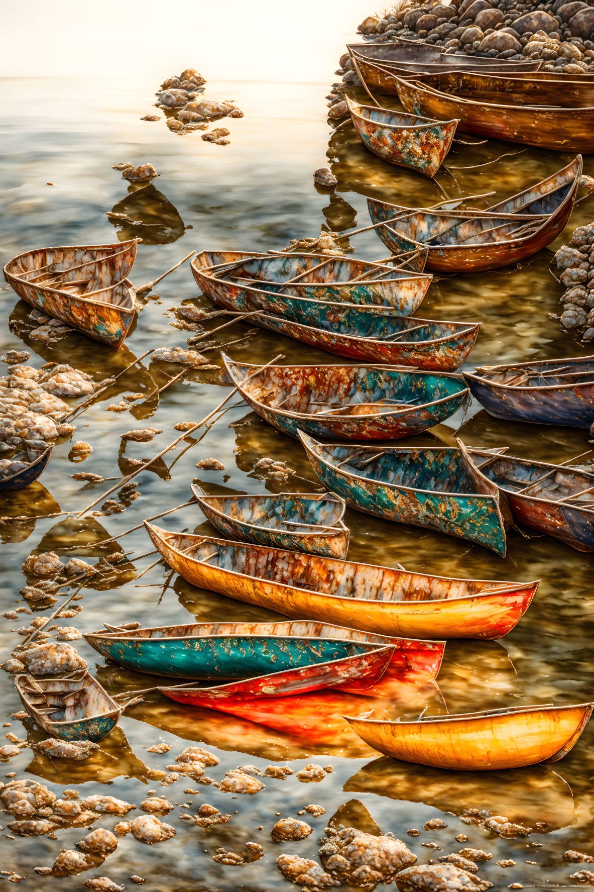 Colorful Wooden Boats on Tranquil Water Surface