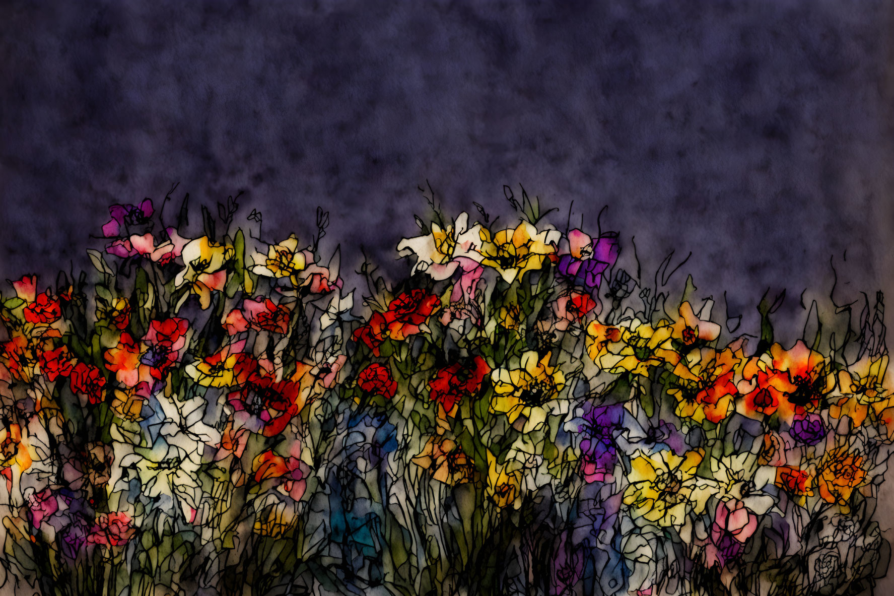 Colorful Stylized Flowers on Dark Background with Watercolor Texture