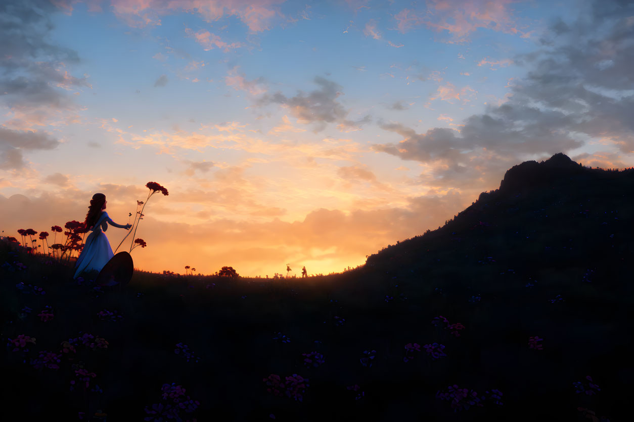 Woman in flowing dress holding flowers in meadow at sunset with silhouettes under vibrant sky