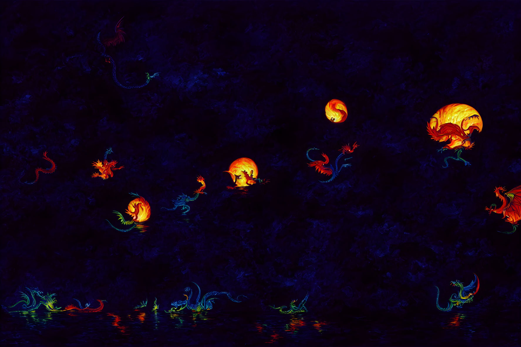 Fiery Orange Marine Creatures in Abstract Digital Art