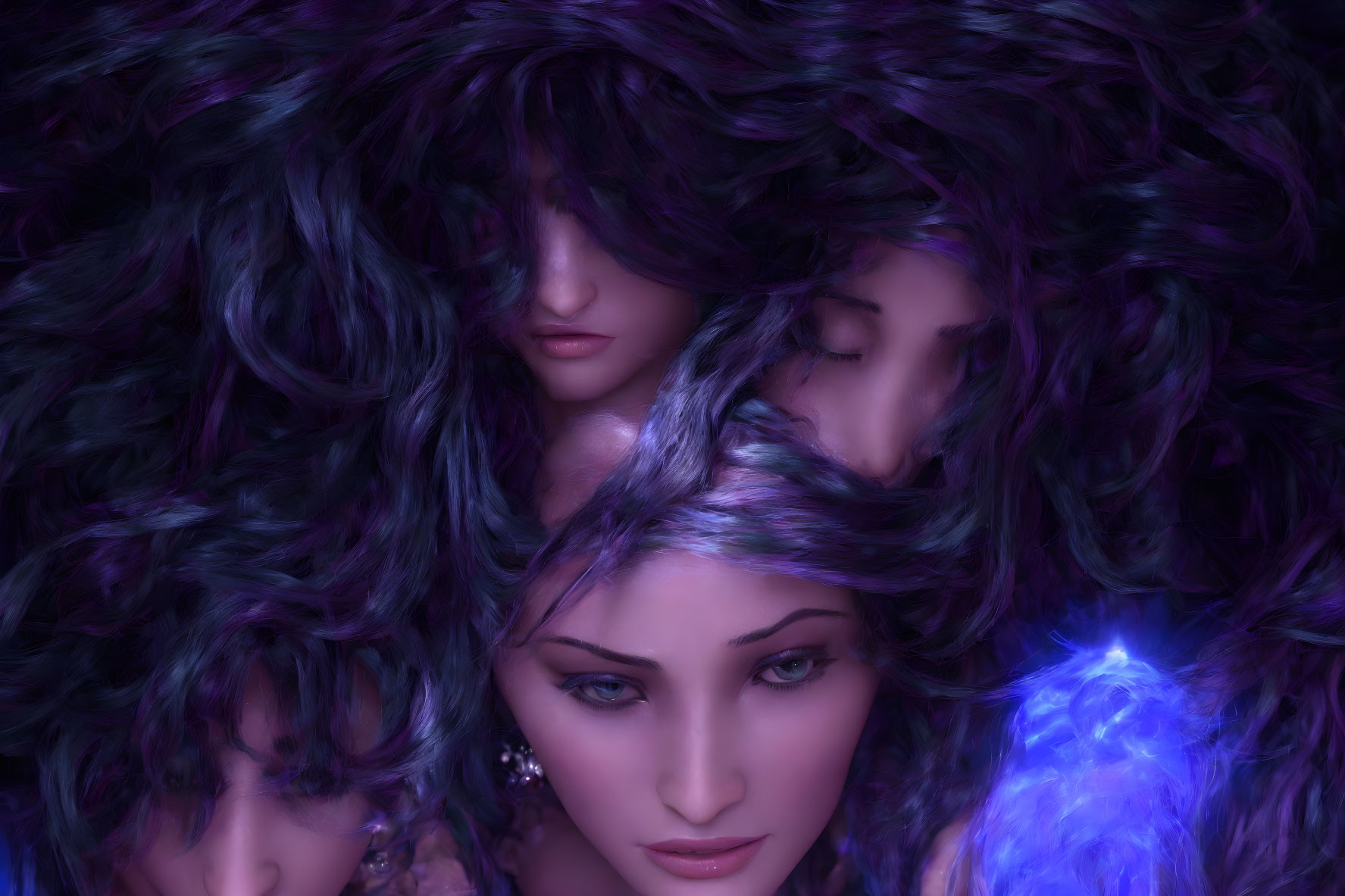 Vibrant Purple Hair Women Merging with Blue Glow