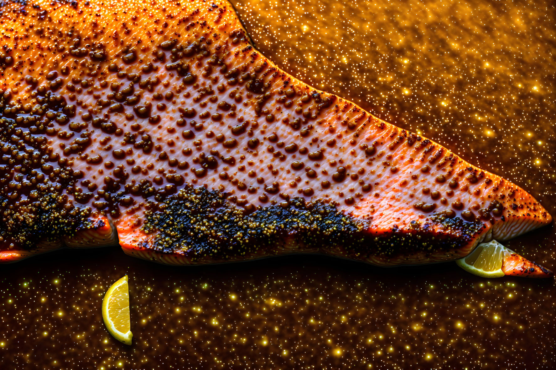 Grilled salmon with crispy skin on glistening surface.