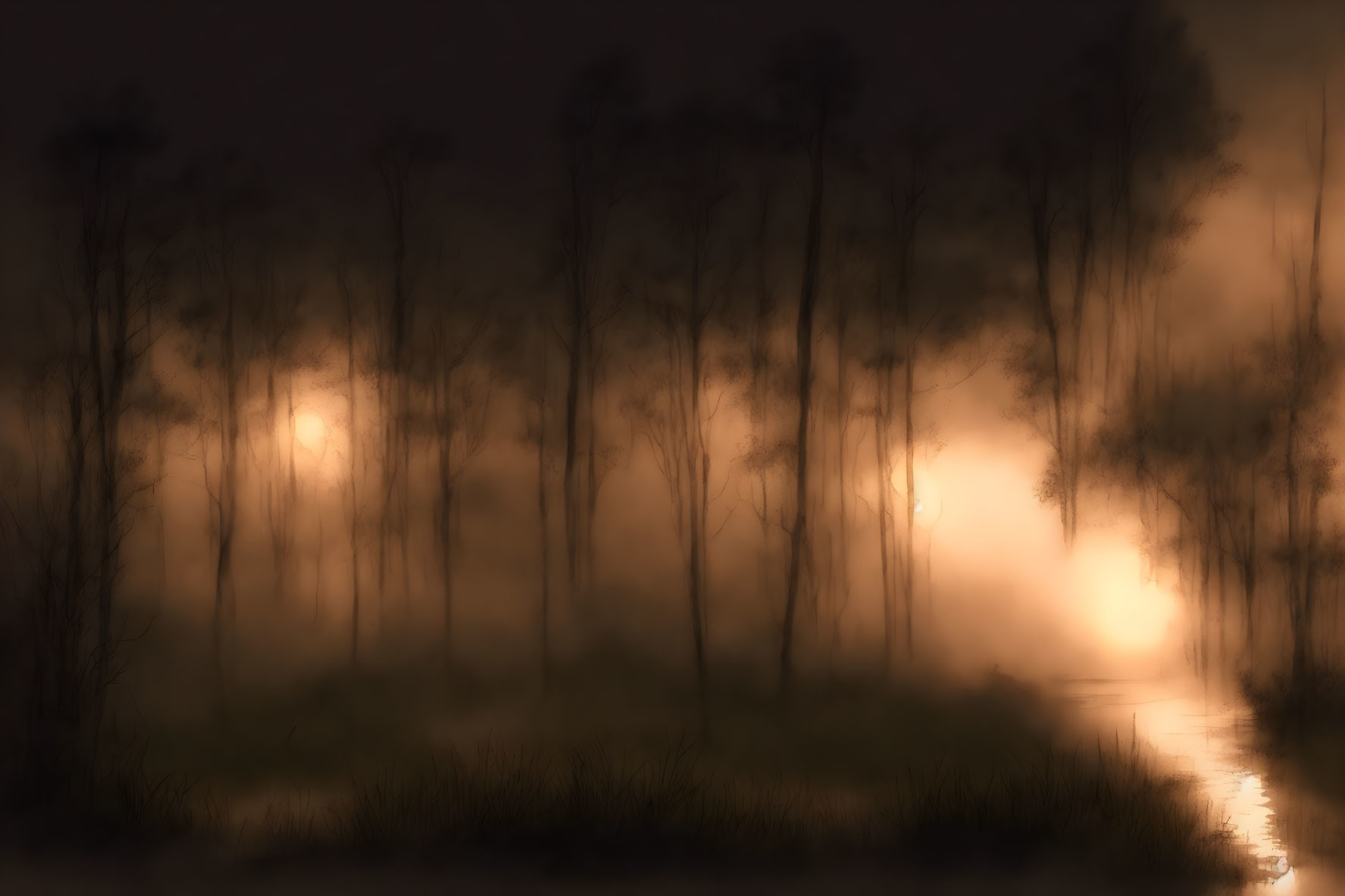 Sepia-toned landscape with misty trees and soft glow