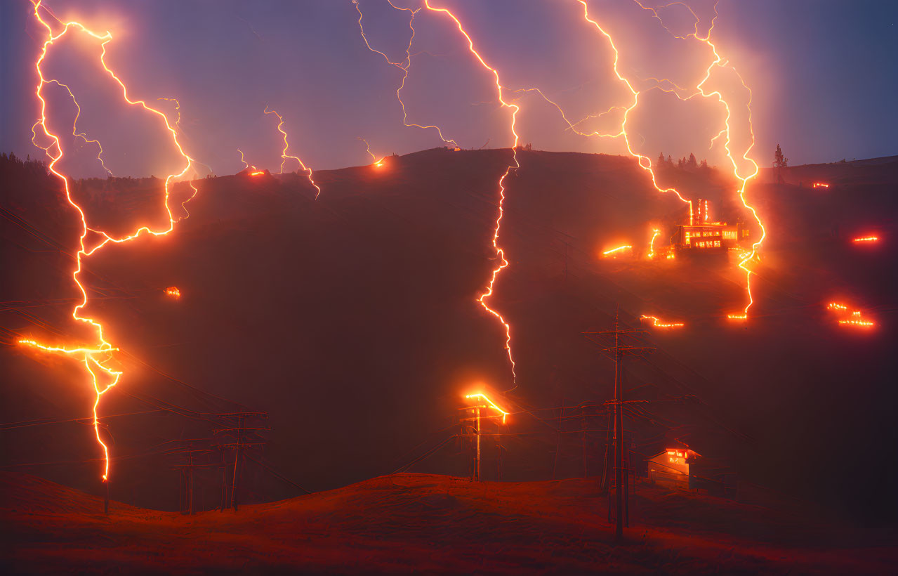 Multiple lightning strikes illuminate hilly landscape at night