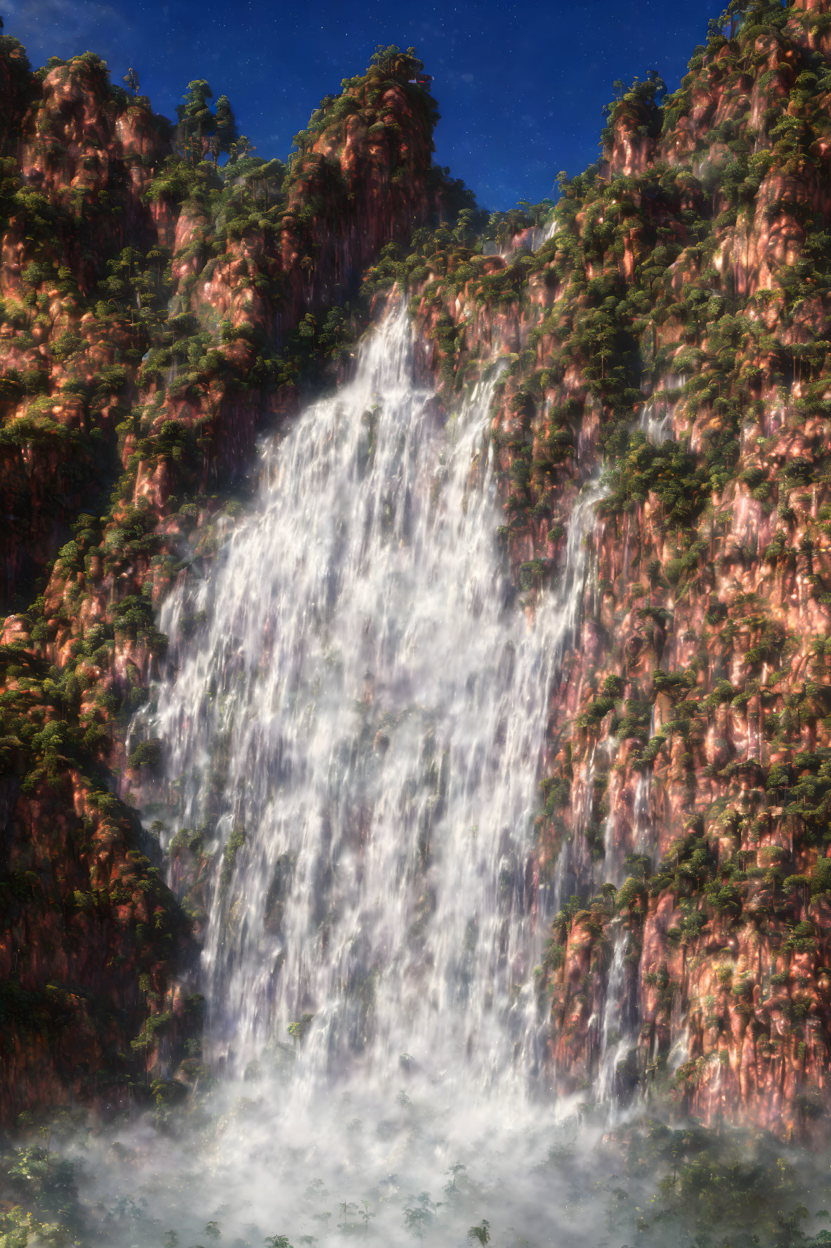 Majestic waterfall on rugged cliff with lush vegetation