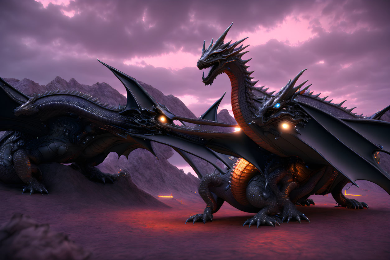 Two menacing dragons with glowing eyes in rocky terrain under a purple sky