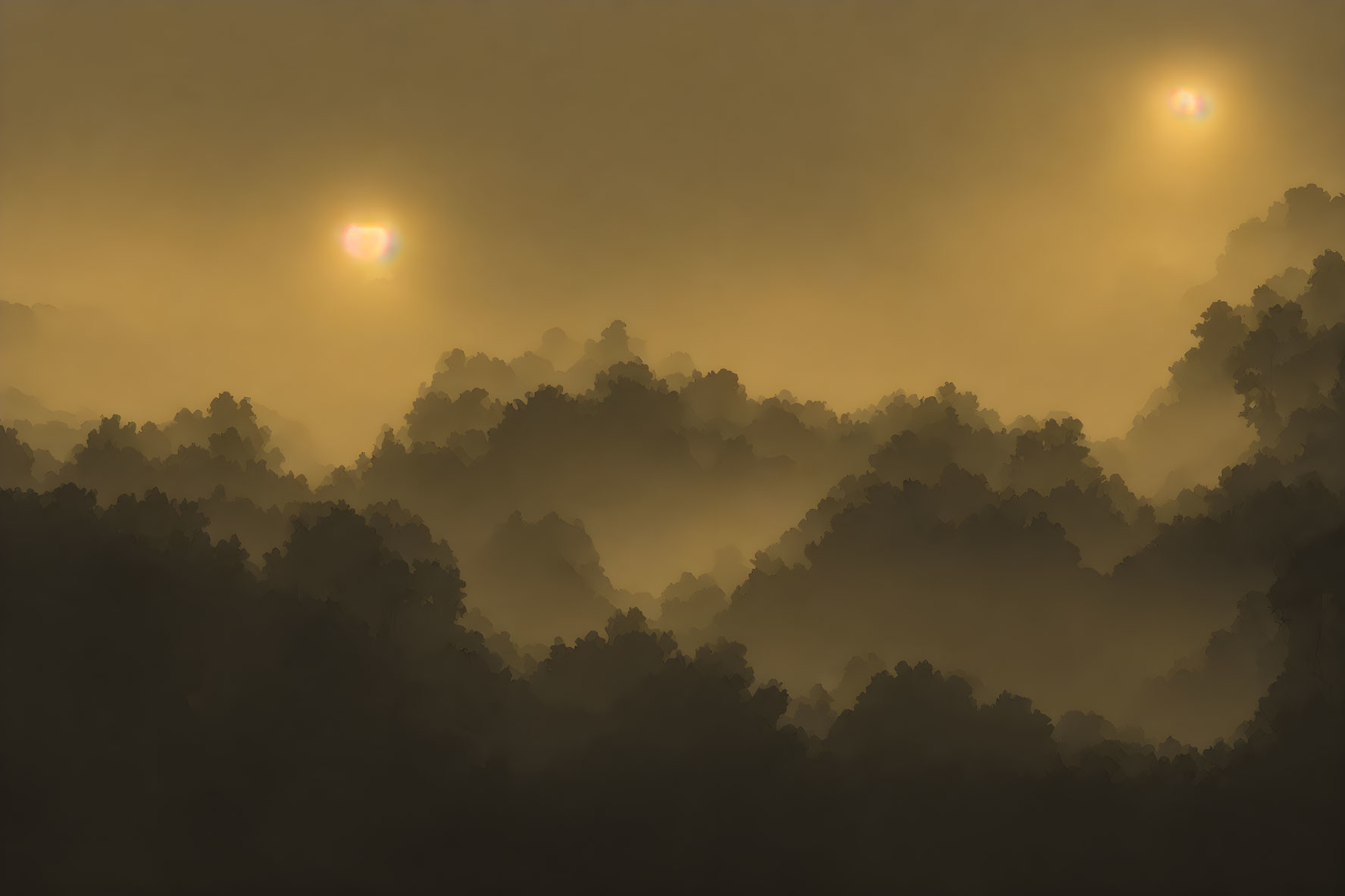 Misty Twilight Forest with Glowing Orbs Above Trees