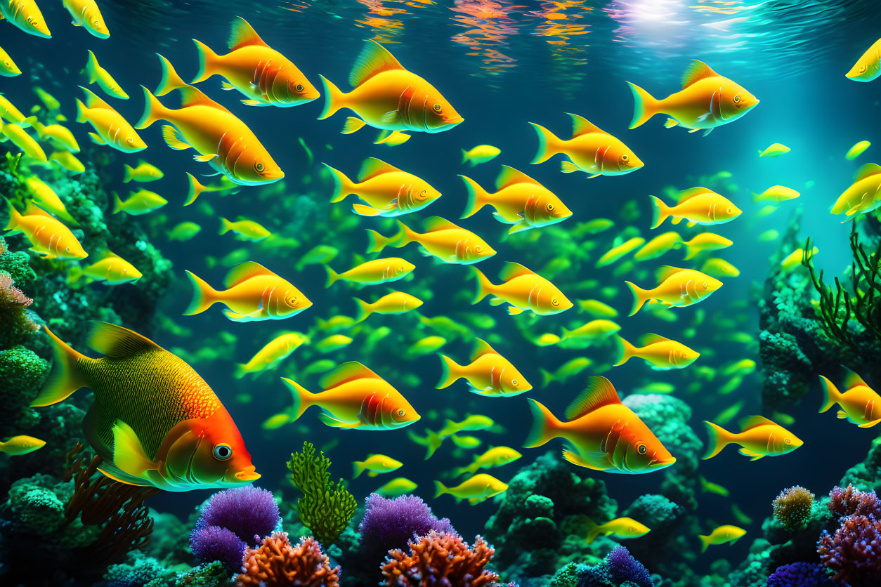 Colorful coral reefs with bright yellow fish in vibrant underwater scene