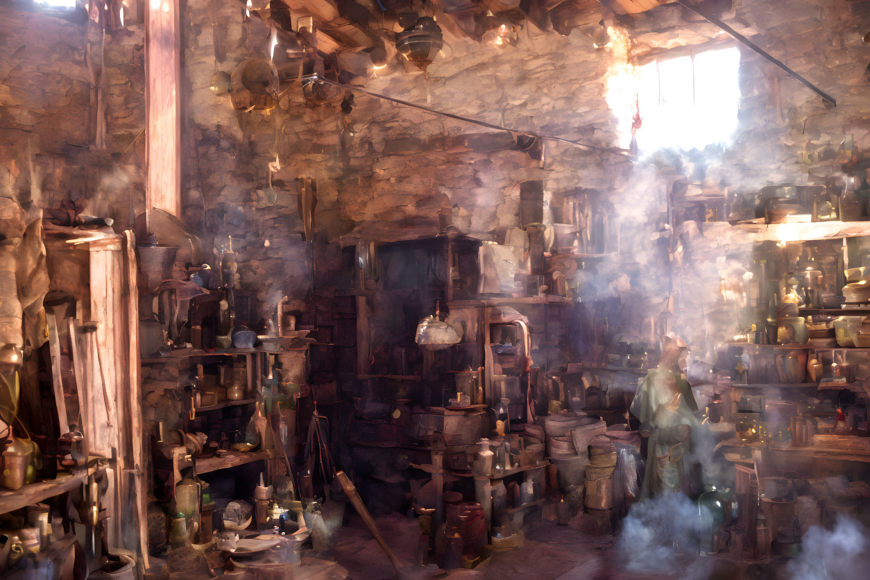 Dimly-lit alchemist's workshop with jars, bottles, and medieval apparatus