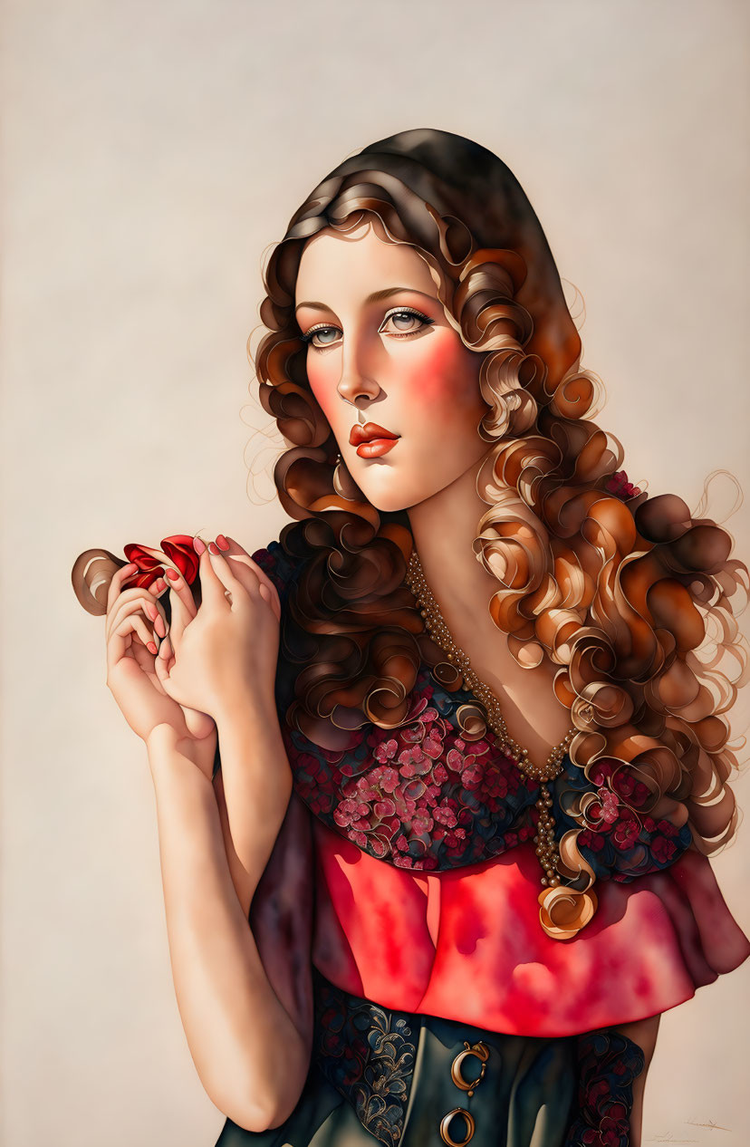 Curly-haired woman in vintage attire with rosy cheeks holding a flower