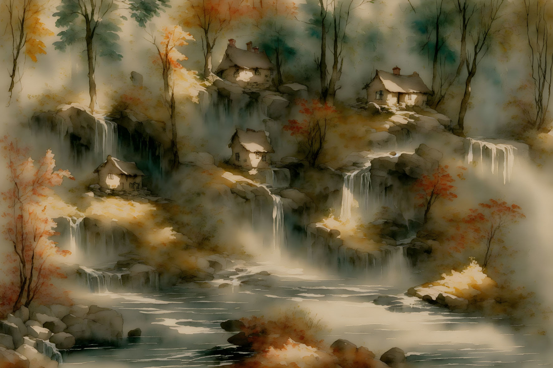 Tranquil misty scene with houses on waterfalls and autumn trees.