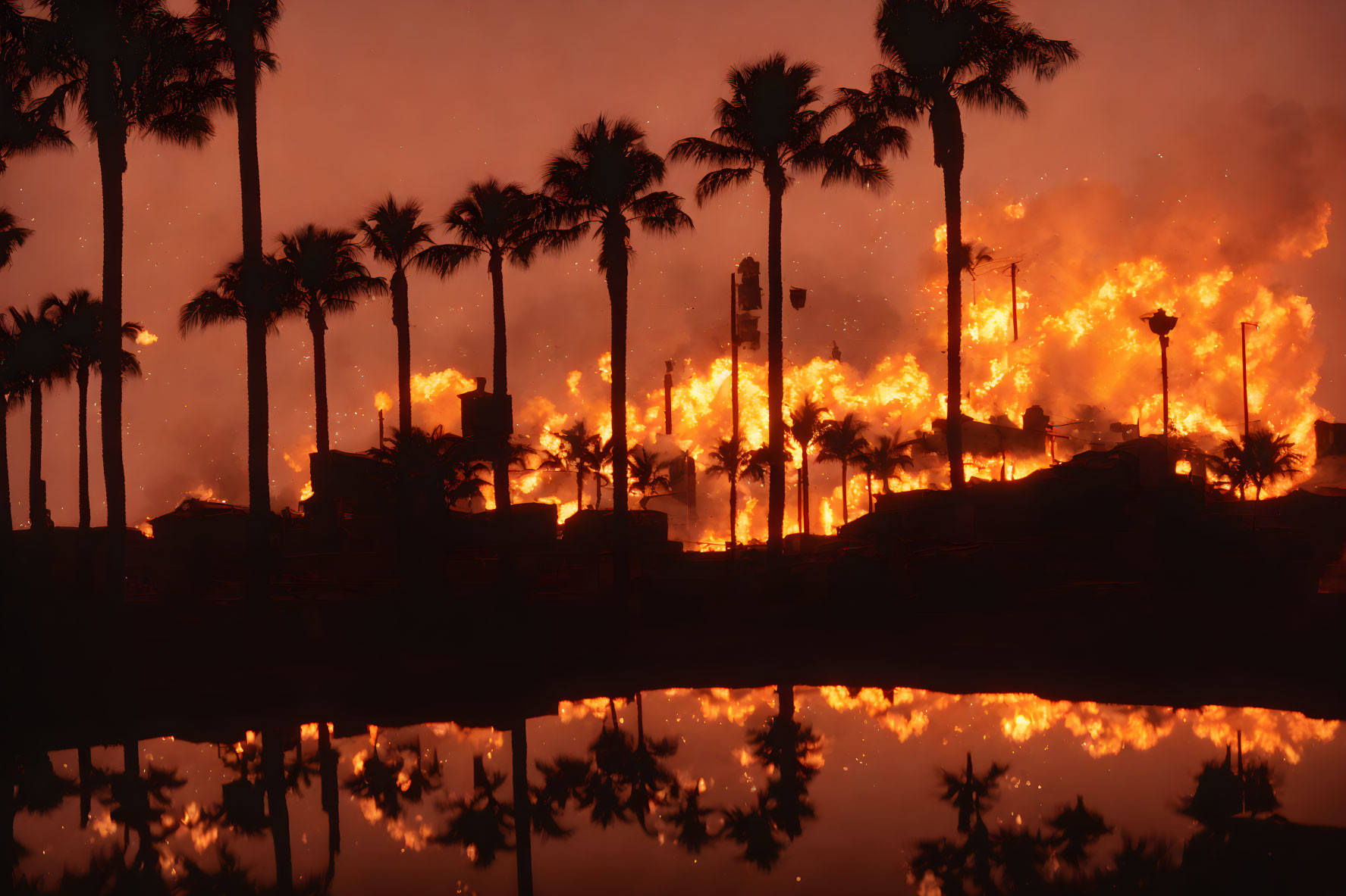 Wildfire consumes buildings and palm trees at dusk with flames and smoke reflected on water.