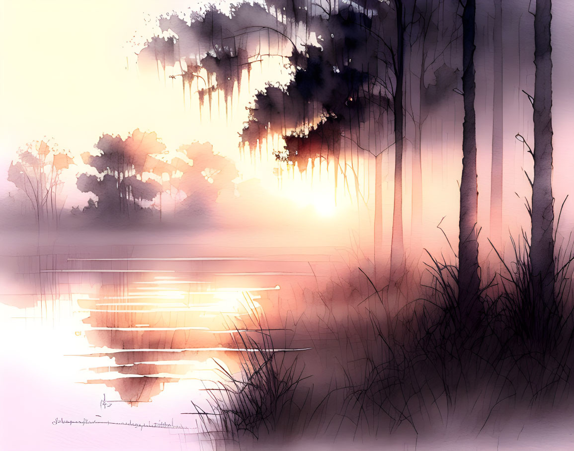 Misty sunrise watercolor landscape of a serene lake