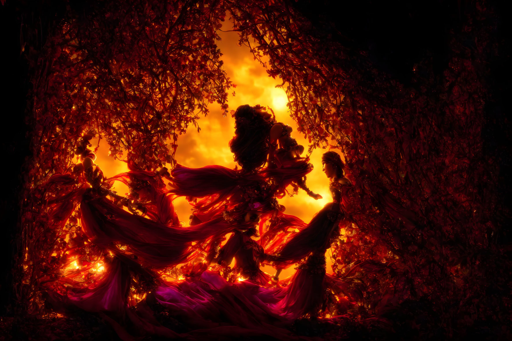 Dancing silhouettes against fiery backdrop and leaf arch.