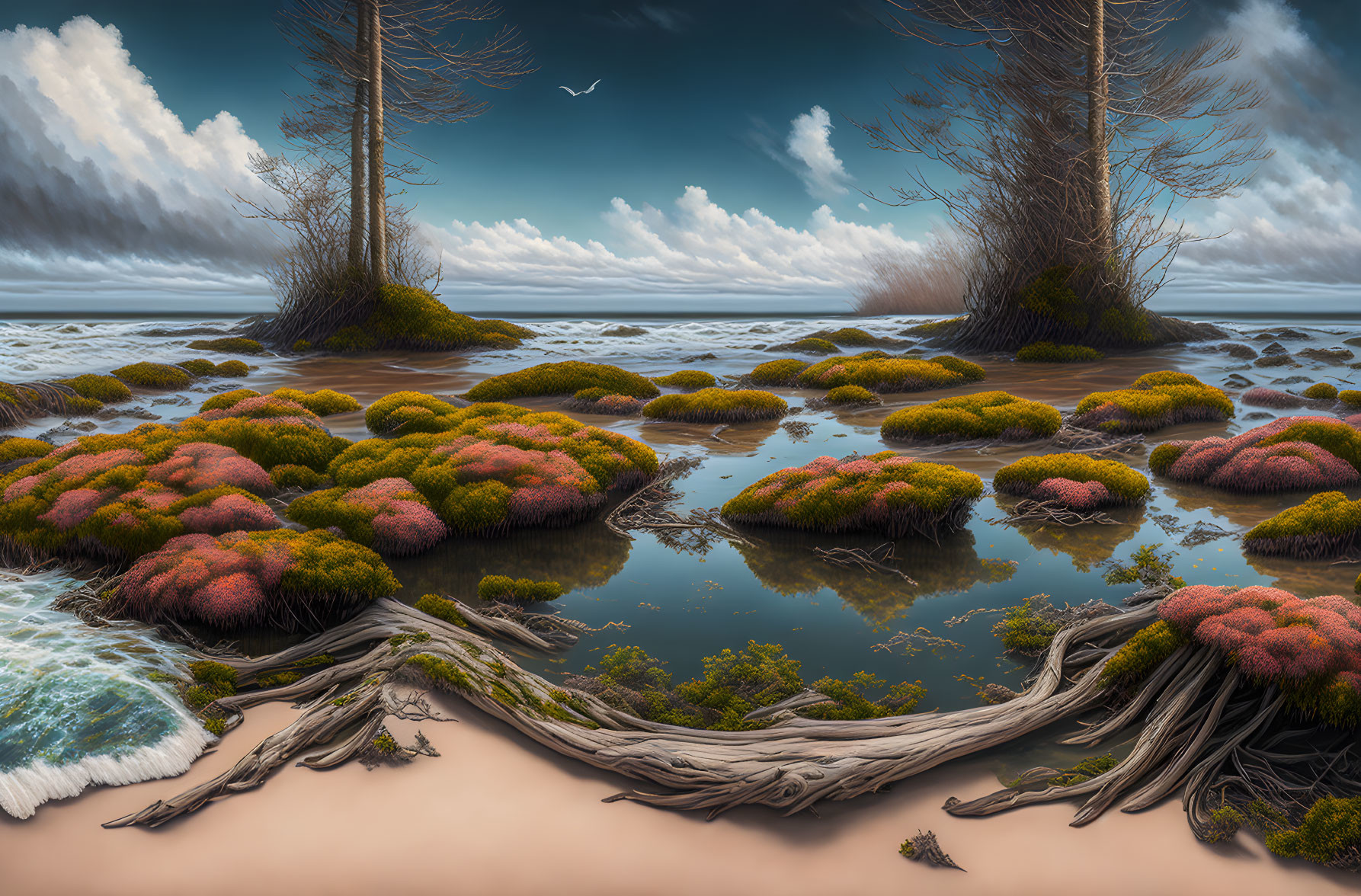 Tranquil coastal landscape with moss-covered rocks, still pools, imposing trees, and driftwood under