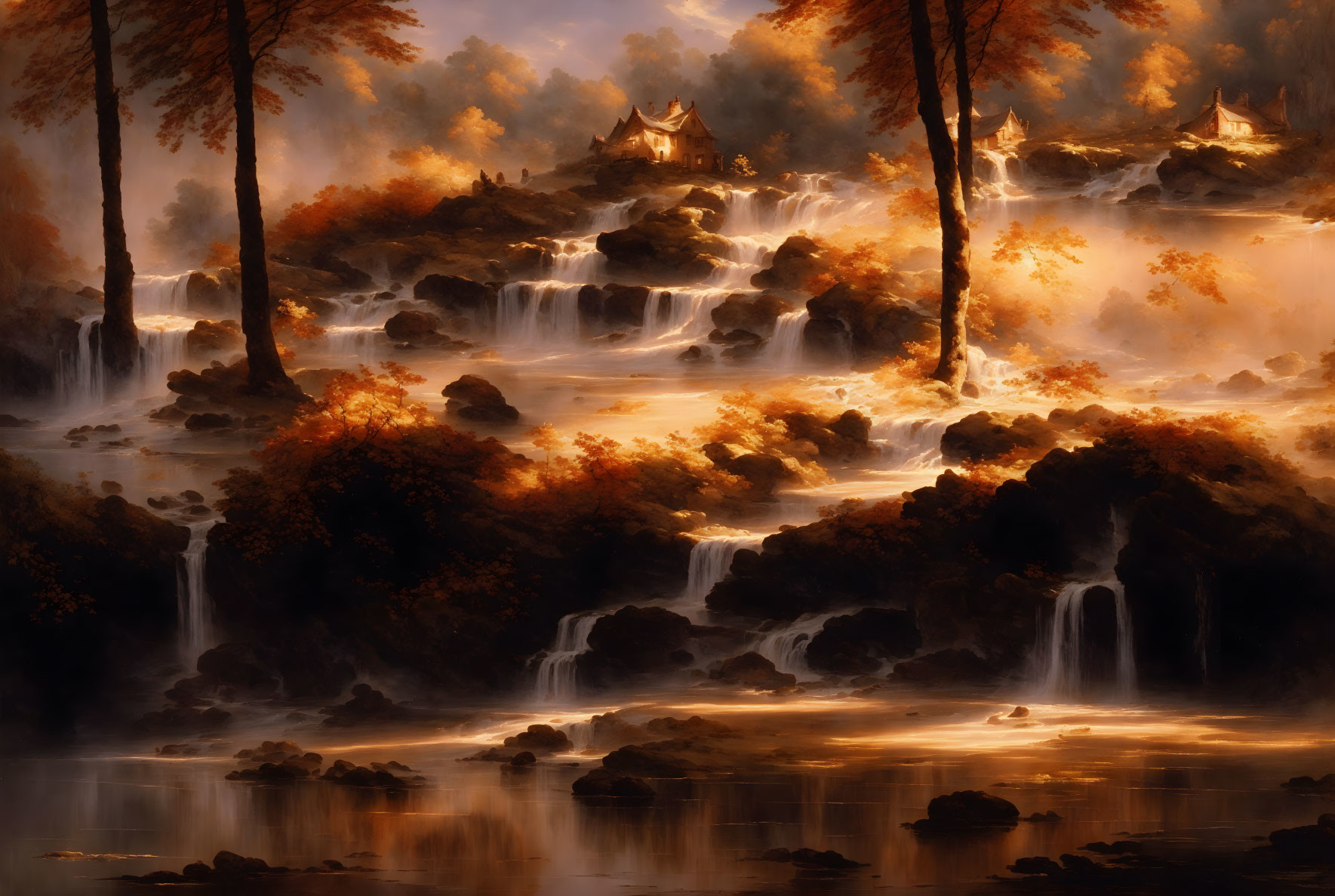 Ethereal autumnal landscape with waterfalls, misty waters, fiery trees, and golden-l