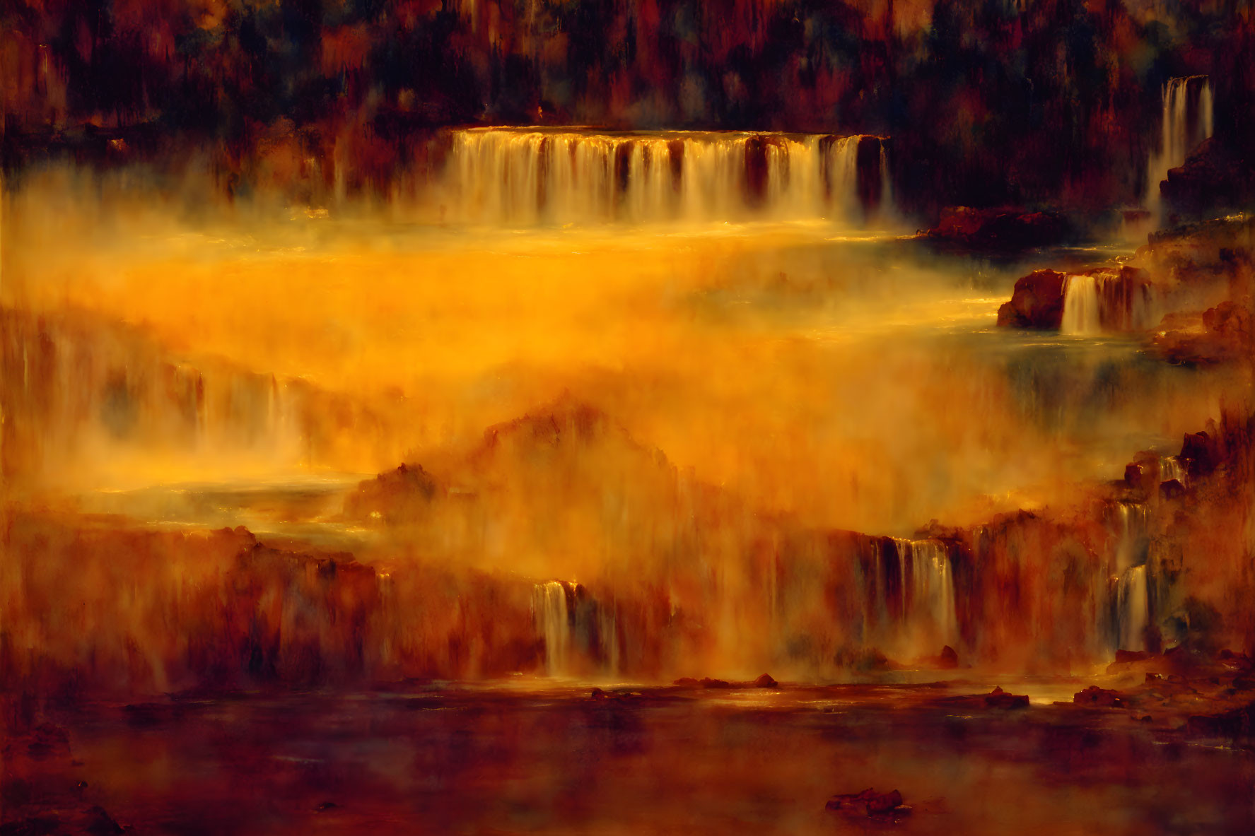 Golden Waterfall Painting with Tranquil Pools and Amber Glow