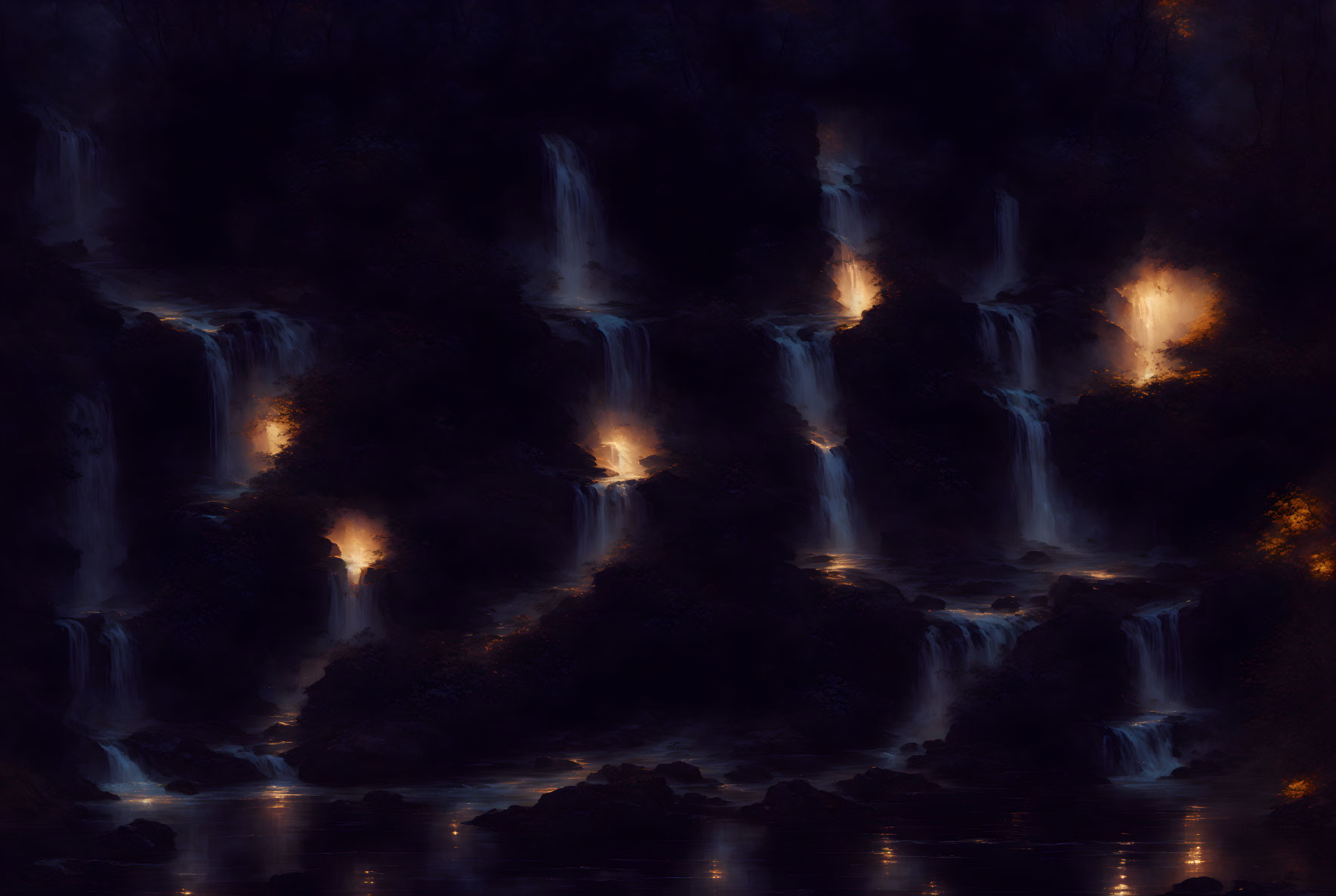 Mystical Waterfall Scene with Glowing Lights in Shadowy Forest